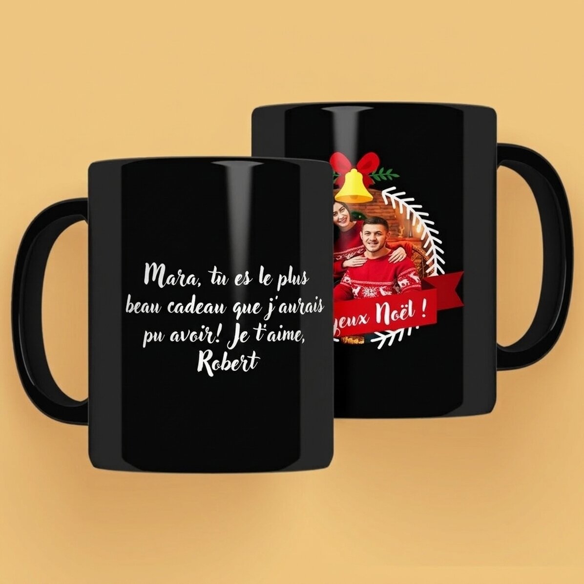 Tasse noire personnalisée avec photo et texte - Merry Christmas