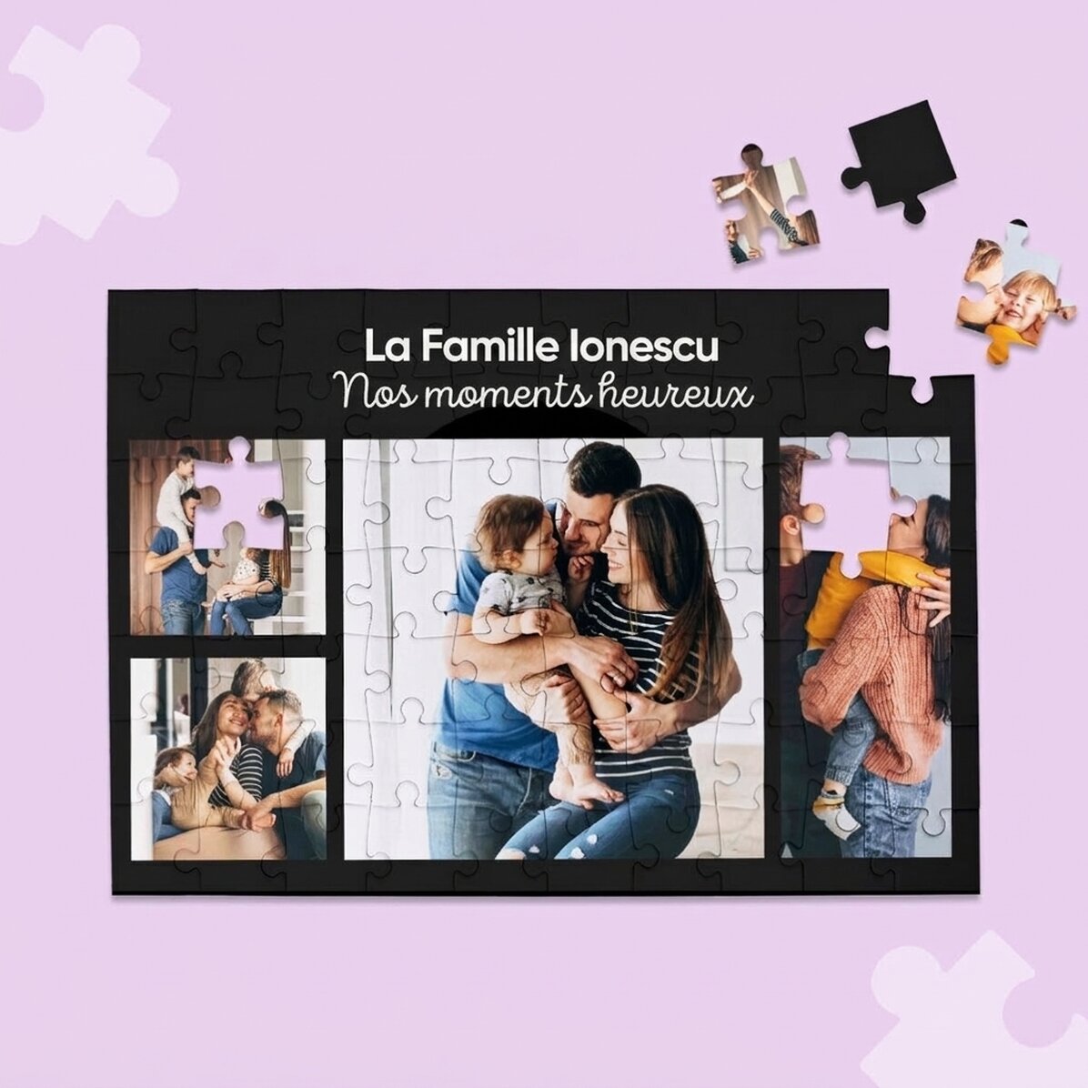Puzzle personnalisé avec 4 photos et un texte, 28 x 19 cm