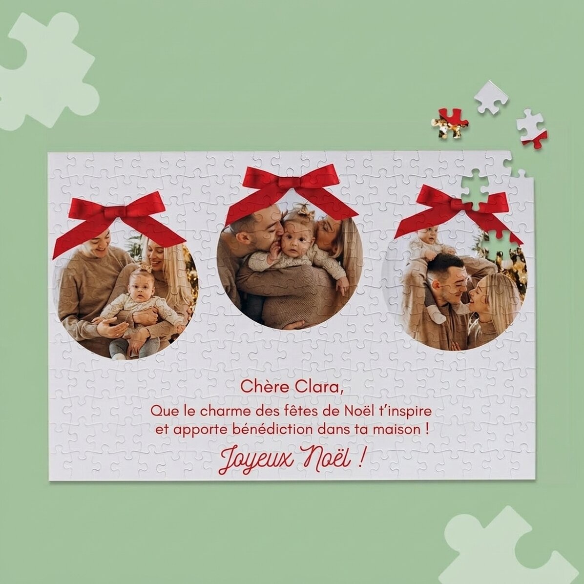 Puzzle personnalisé avec 3 photos et un texte, 36 x 24 cm - Joyeuses fêtes