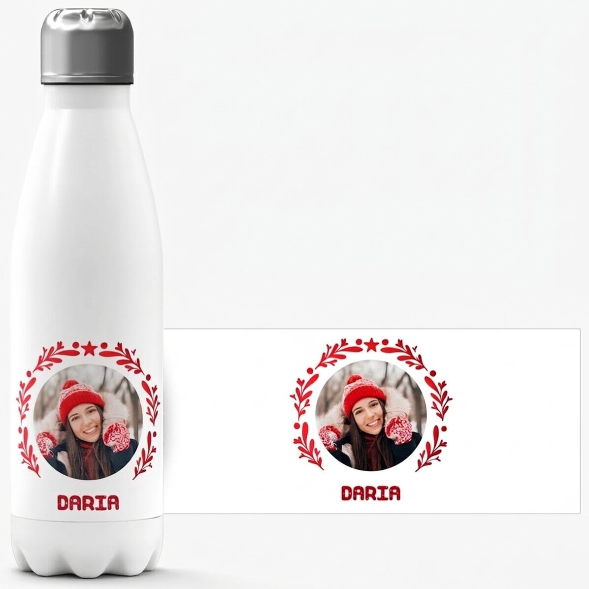 Thermos à base blanche personnalisé avec photo et texte - modèle Noël