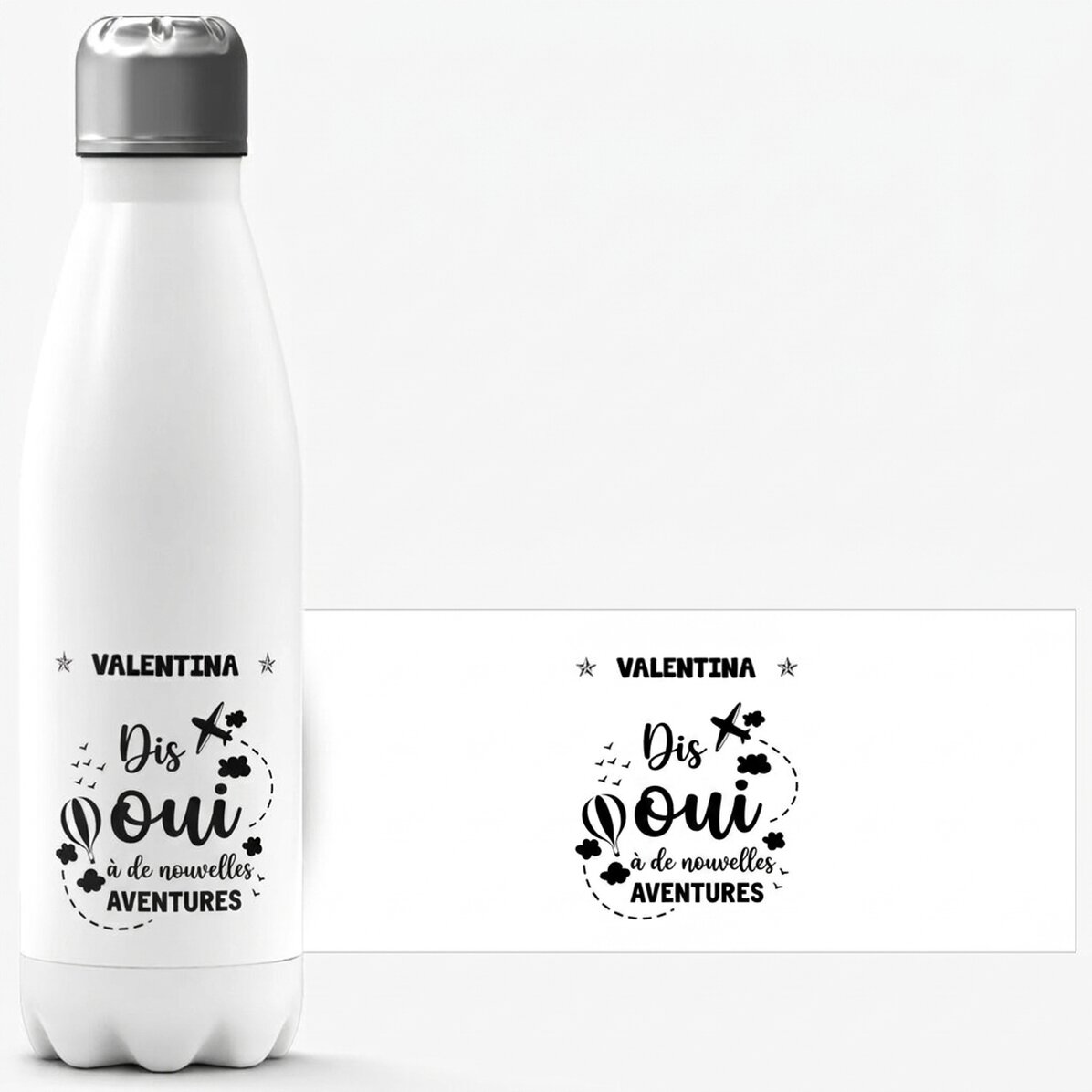 Thermos à base blanche personnalisé avec un prénom - New Adventures