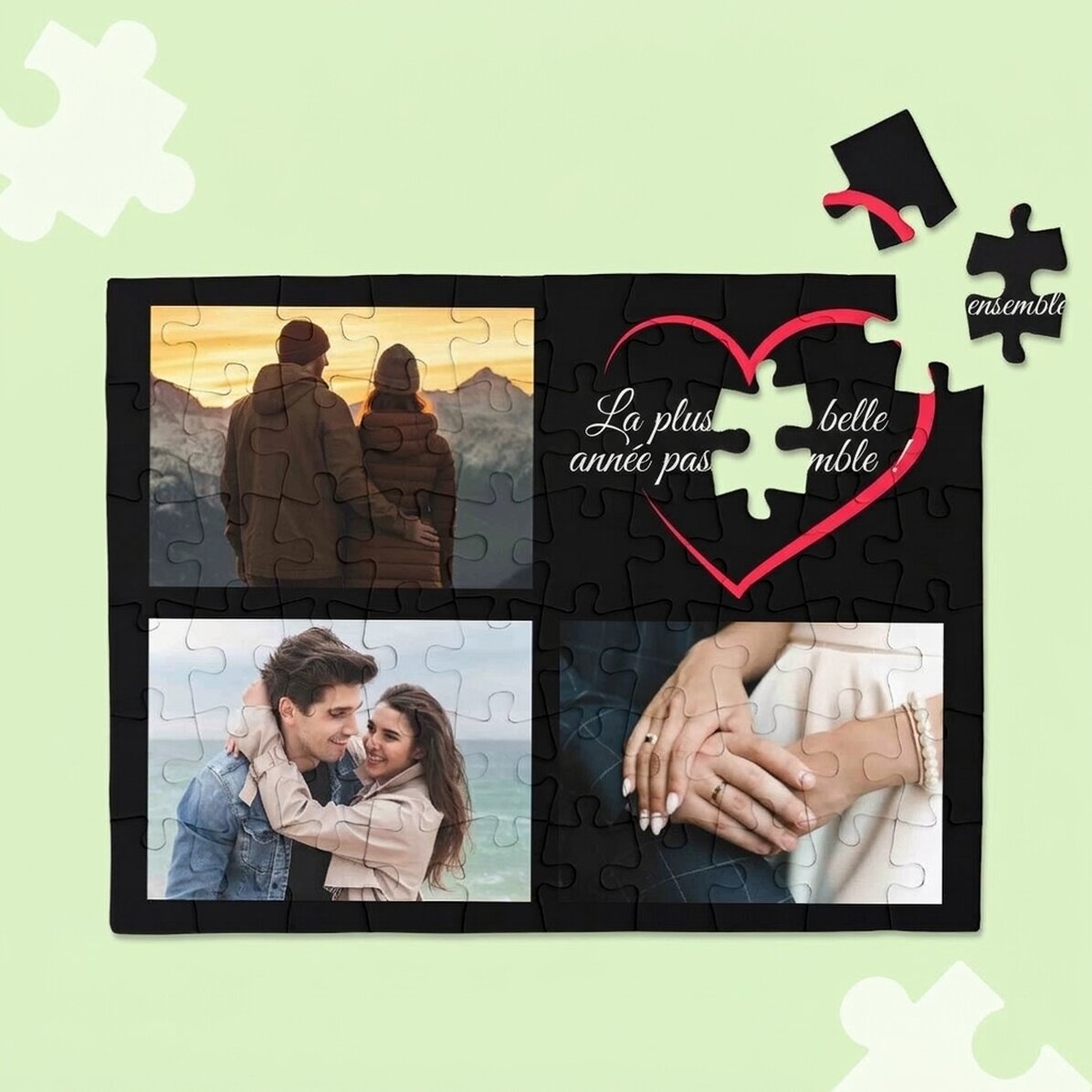 Puzzle personnalisé avec 3 photos et un texte, 20 x 15 cm - In love