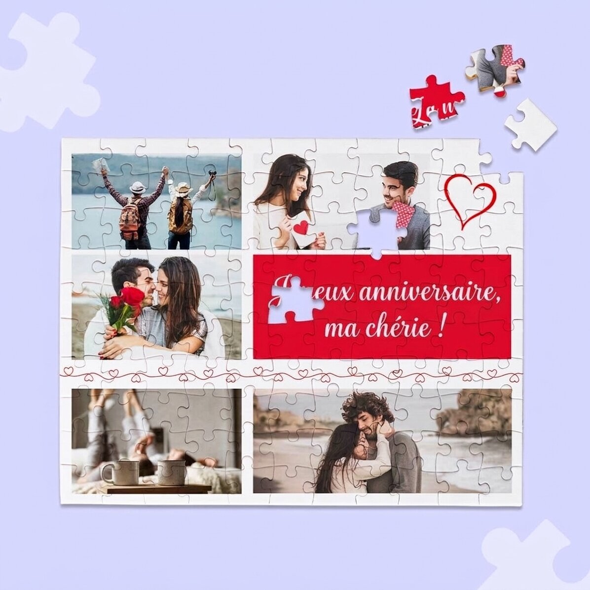 Puzzle personnalisé avec 5 photos et un texte, 24 x 19 cm - Hearts
