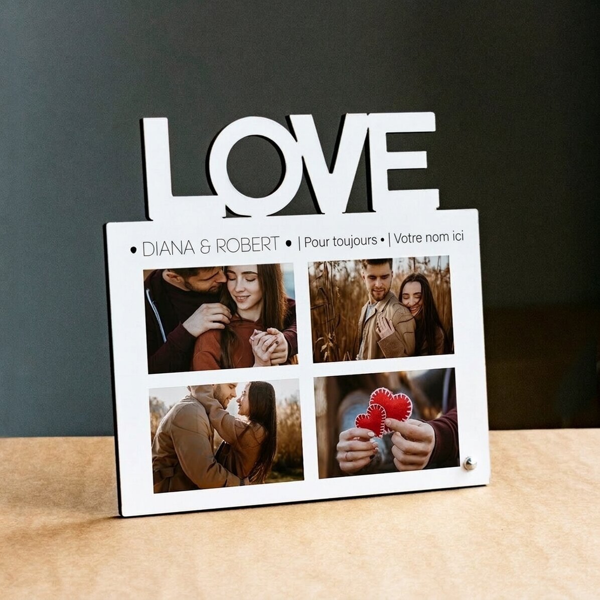 Cadre photo de bureau personnalisé avec 4 photos et un texte - modèle LOVE