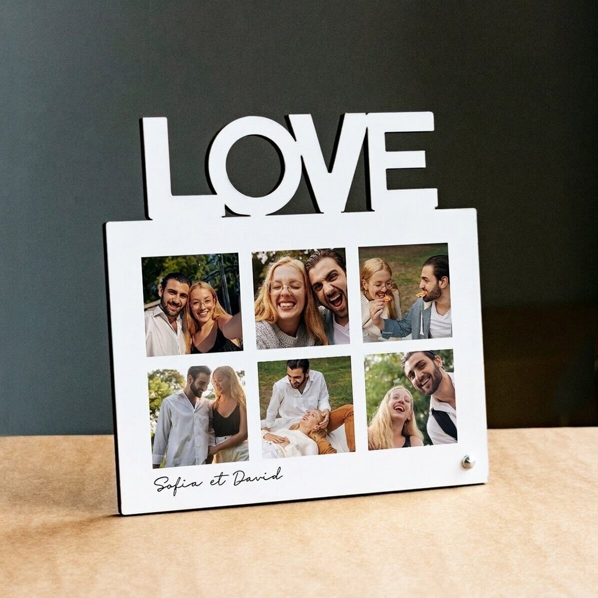 Cadre photo de bureau personnalisé avec 6 photos et un texte - modèle LOVE