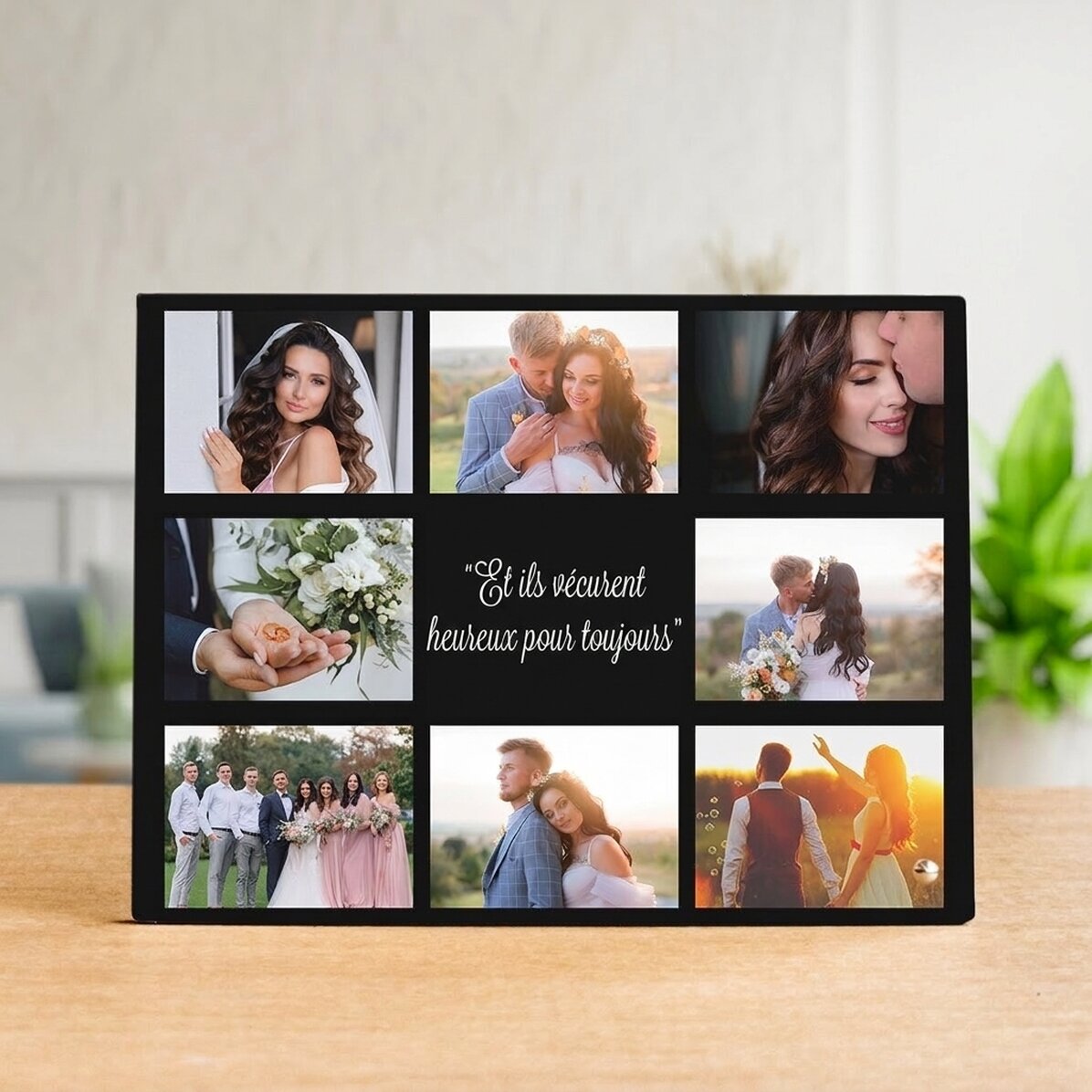 Cadre photo de bureau personnalisé avec 8 photos et un texte - Happily Ever After