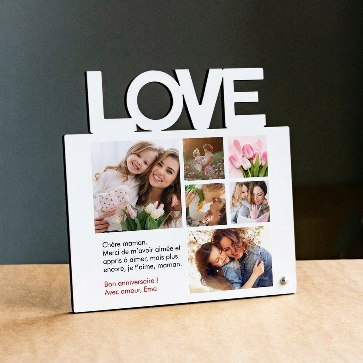 Cadre photo de bureau personnalisé avec 6 photos et un texte pour maman - modèle LOVE