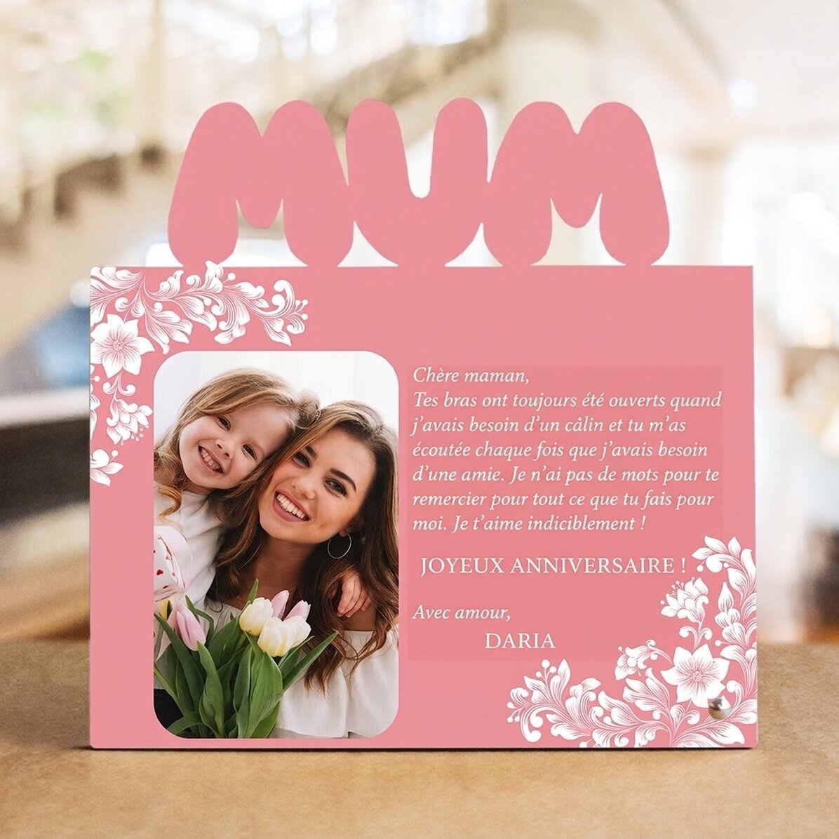 Cadre photo de bureau personnalisé avec photo et texte - Joyeux anniversaire, maman !
