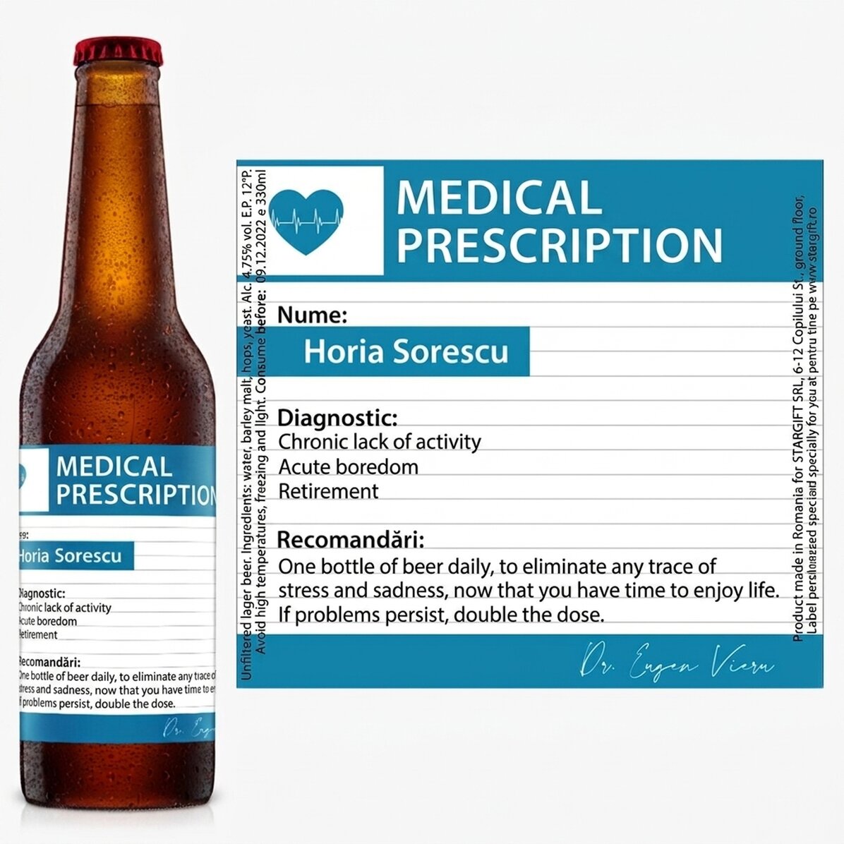 Bière personnalisée avec un texte - Ordonnance médicale