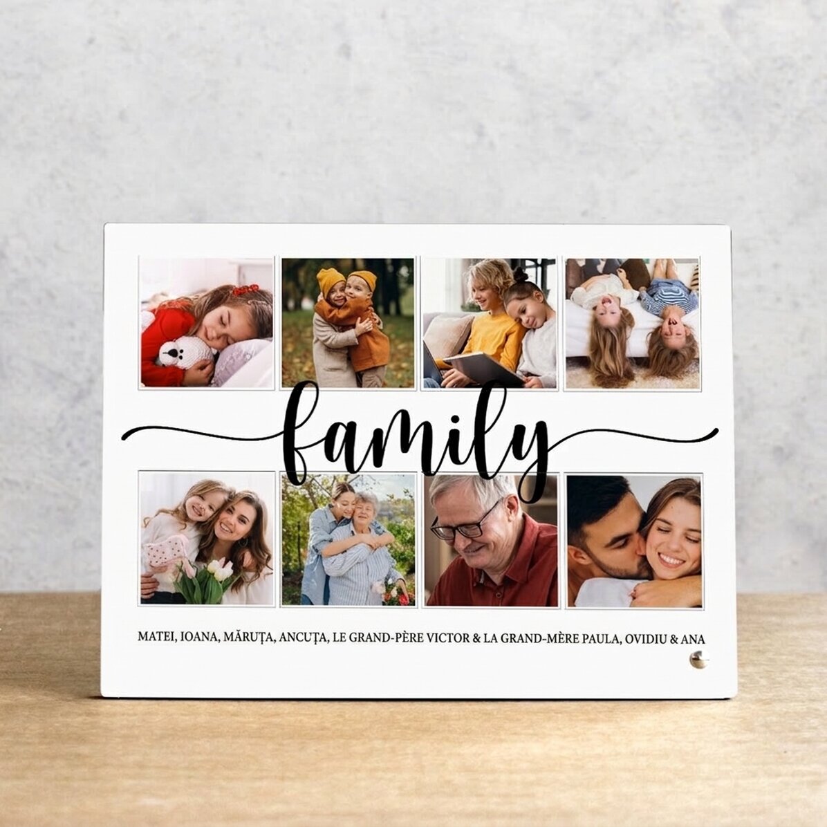 Cadre photo de bureau personnalisé avec 8 photos et un texte - famille