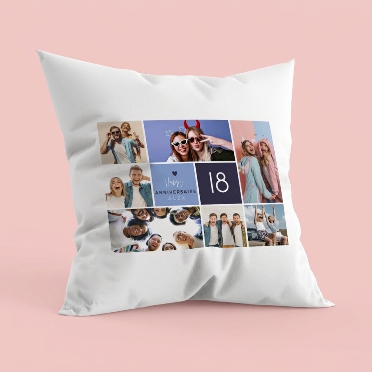 Coussin personnalisé avec 7 photos en portrait et un texte - Joyeux anniversaire