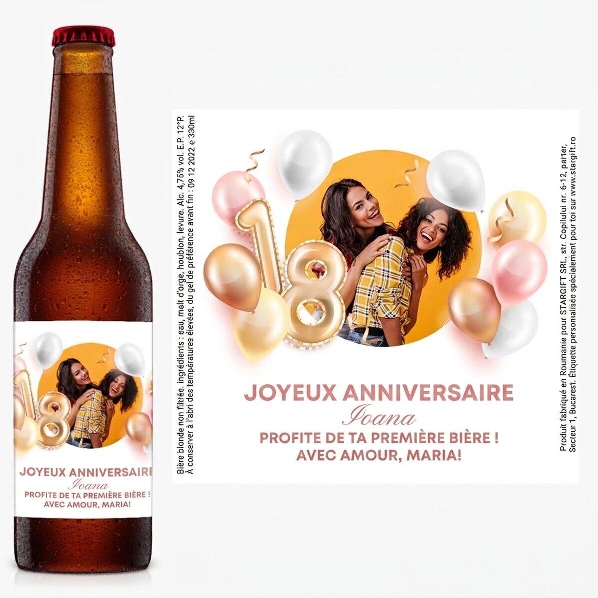 Bière personnalisée avec une photo et un texte pour fêter ses 18 ans
