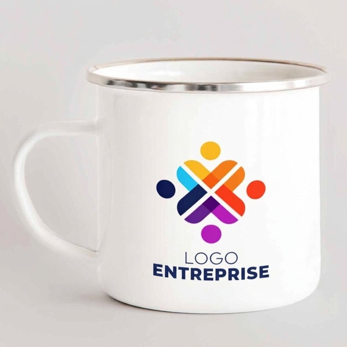Tasse métallique émaillée personnalisée avec un logo des deux côtés