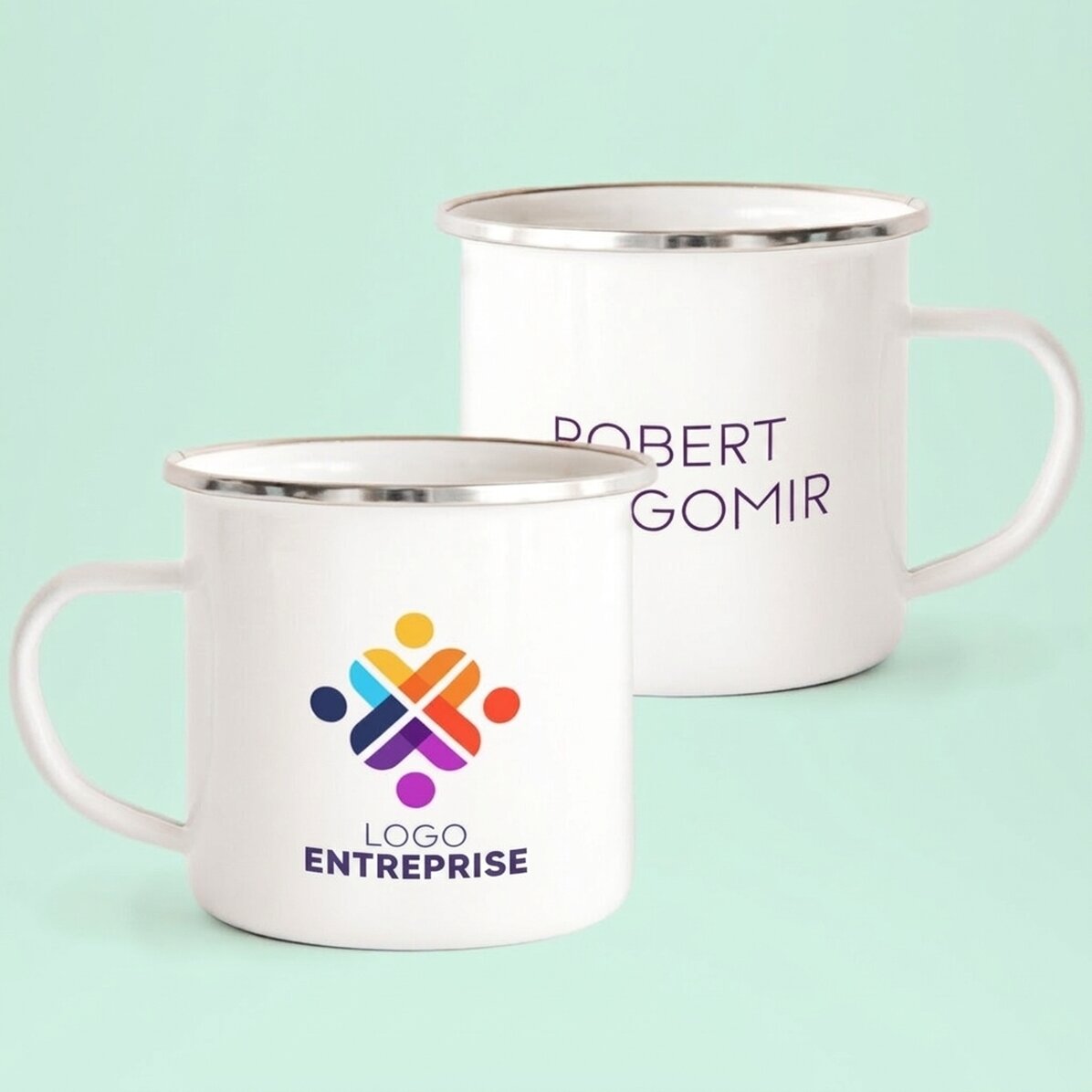 Tasse métallique émaillée personnalisée avec logo et nom