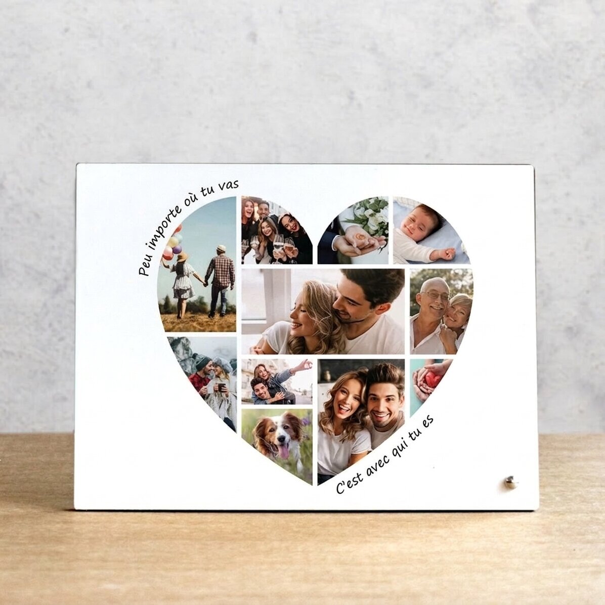 Cadre photo de bureau personnalisé avec 11 photos et un texte - Cœur