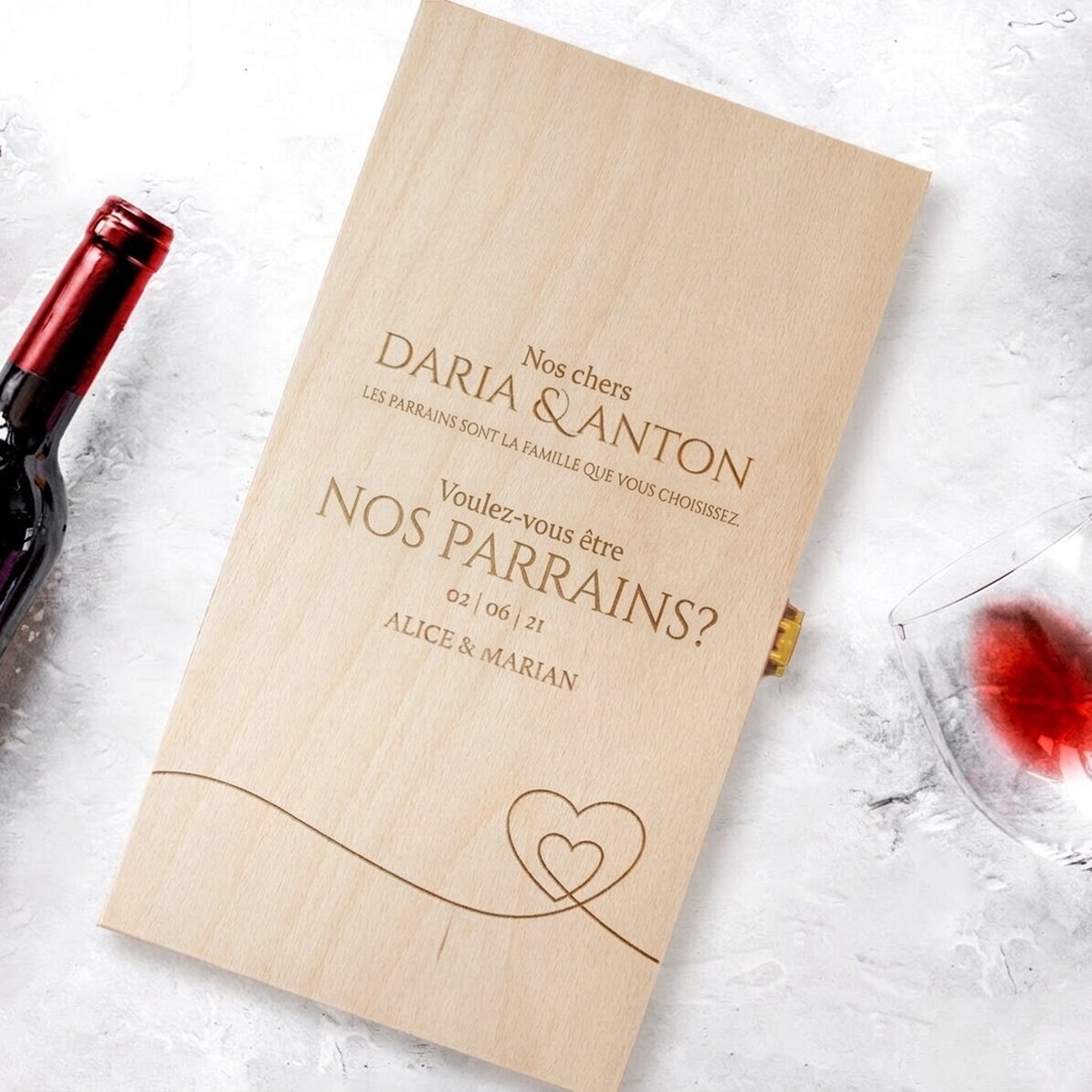 Coffret à vin personnalisé pour deux bouteilles - Demande pour les parrains et marraines