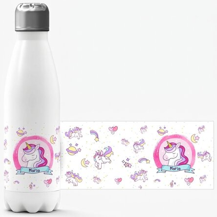 Thermos à fond blanc personnalisé avec un prénom - Licornes
