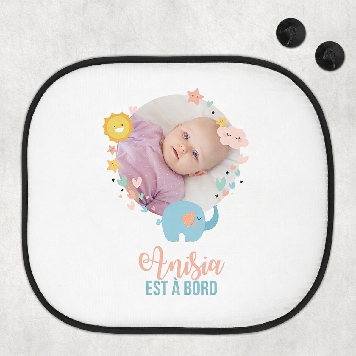 Pare-soleil de voiture personnalisé avec une photo et un texte - « Baby on board »
