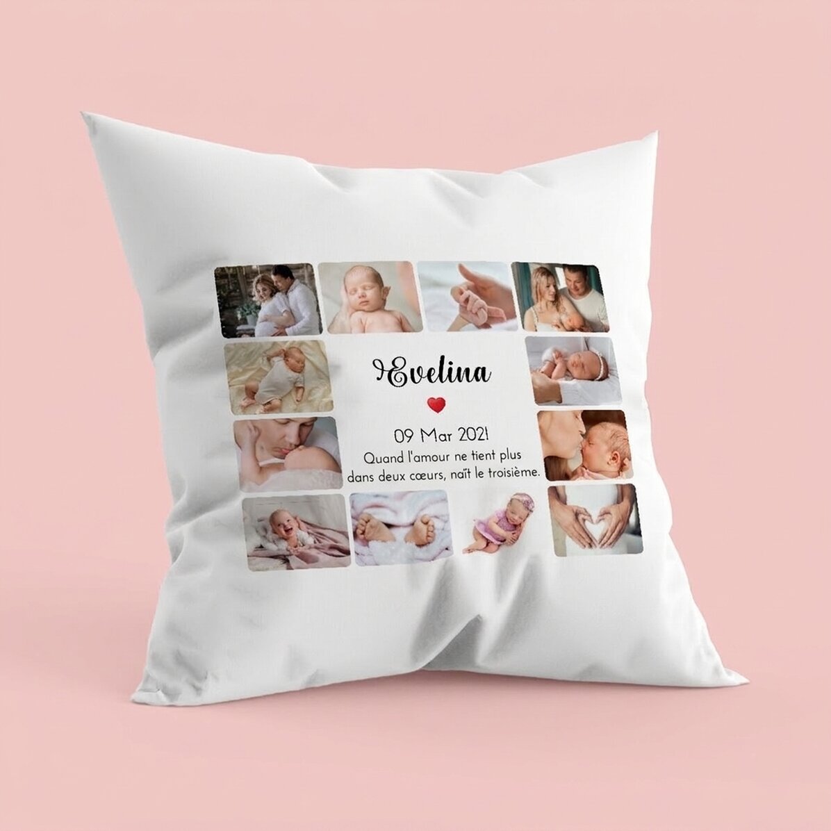 Coussin personnalisé avec 12 photos et un texte - Bébé
