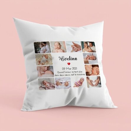 Coussin personnalisé avec 12 photos et un texte - Bébé
