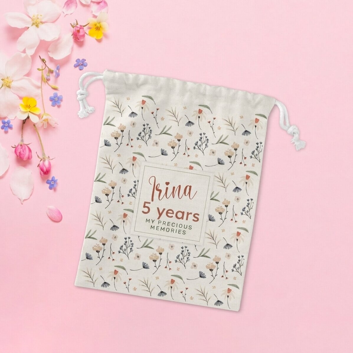 Petit sac cadeau personnalisé avec un texte - Fleurs