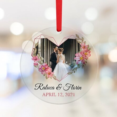 Personalised round ornament with text and photo - Flower frame