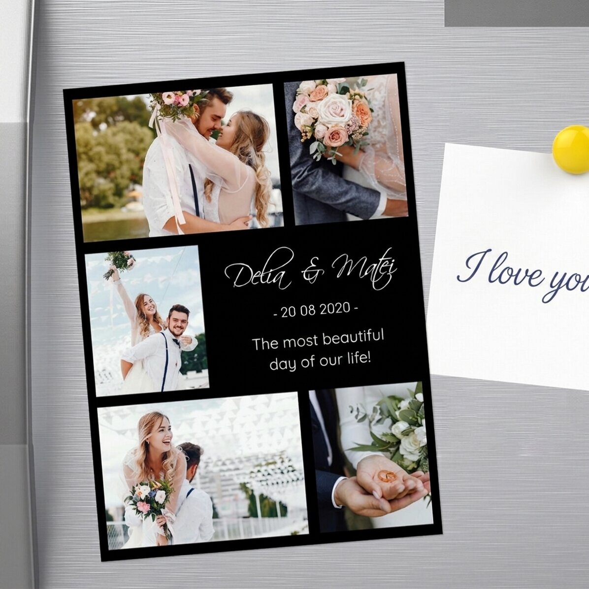 Aimant personnalisé de 13 x 18 cm avec 5 photos et un texte