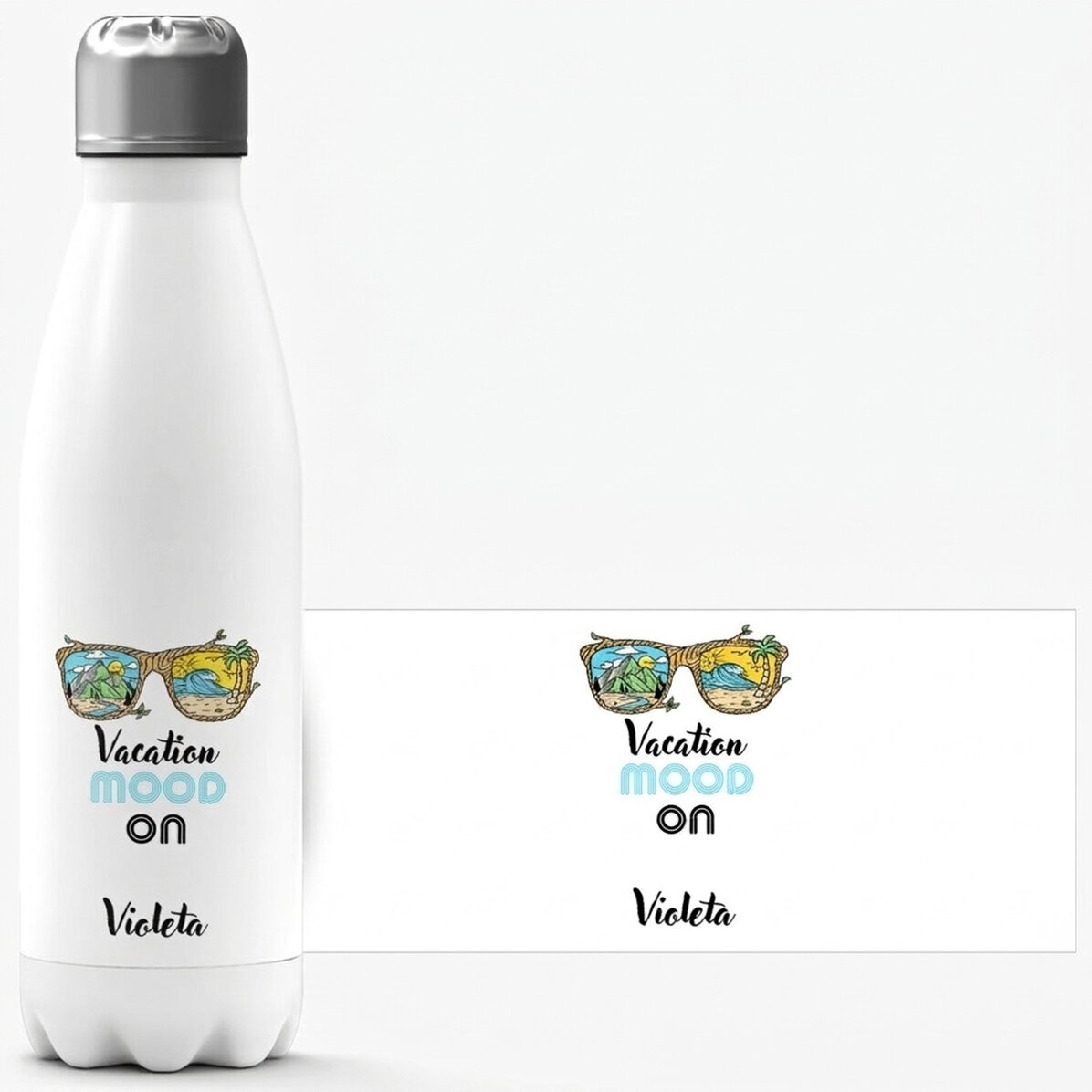 Thermos à base blanche personnalisé avec un prénom - Vacation mood ON