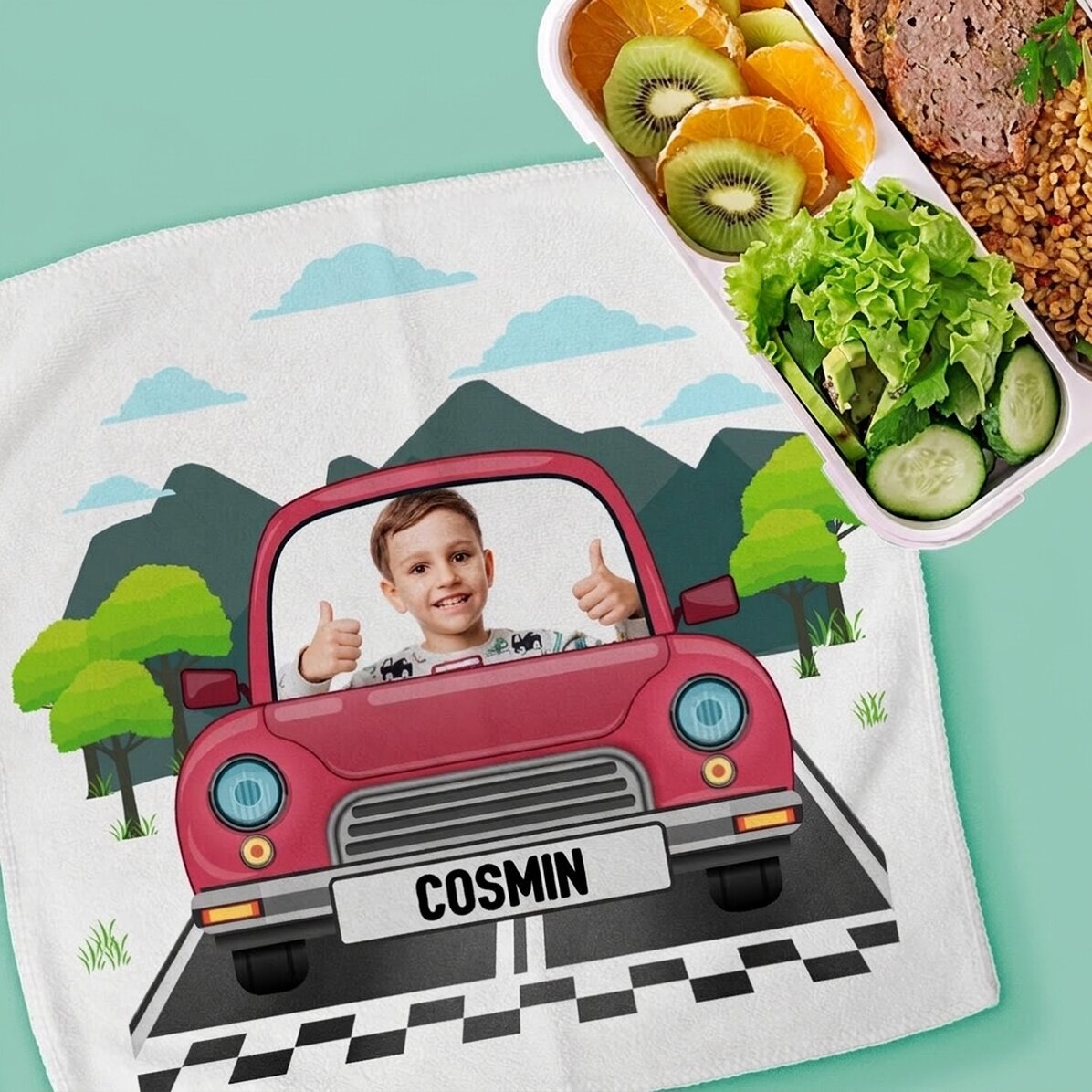 Serviette personnalisée avec une photo et un texte pour enfants - Voiture