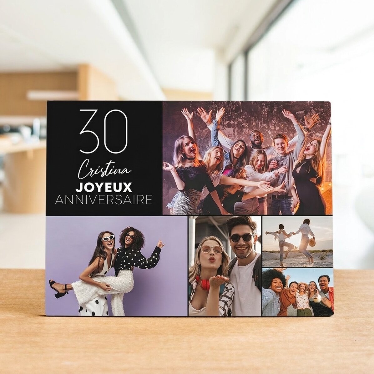 Cadre photo de bureau personnalisé avec 5 photos et un texte - Joyeux anniversaire