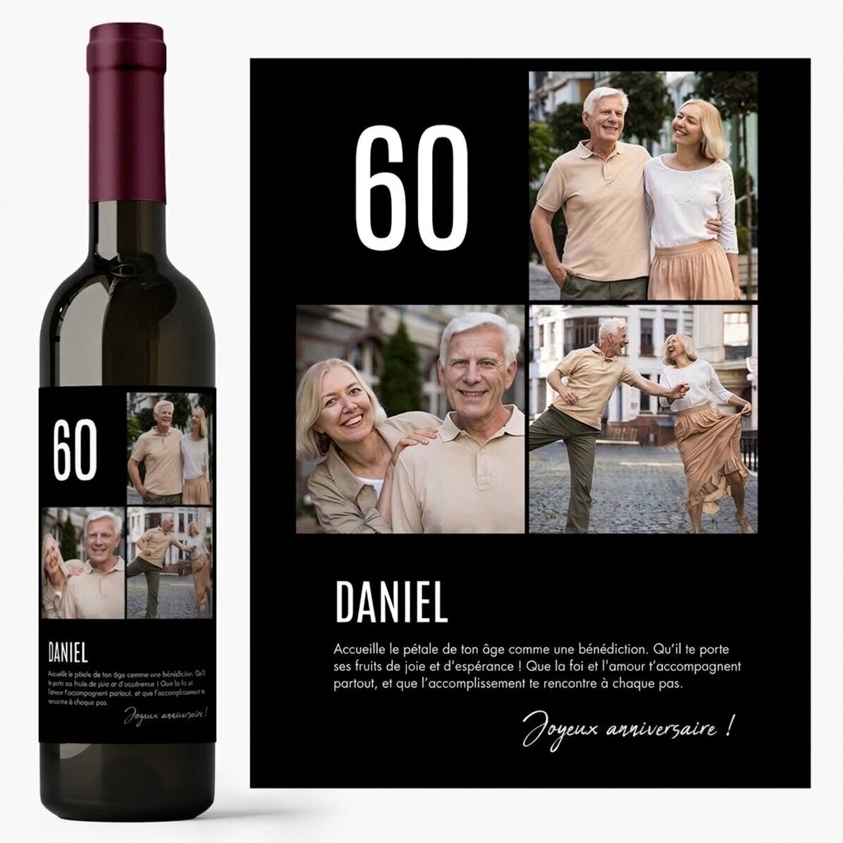 Vin personnalisé avec un texte et 3 photos pour un anniversaire - 60