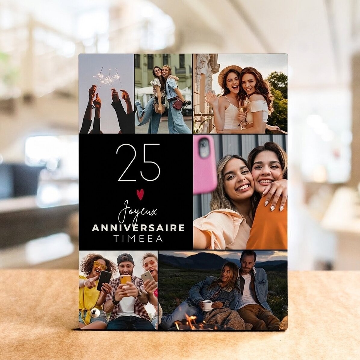 Cadre photo de bureau personnalisé avec 6 photos et un texte - Happiness