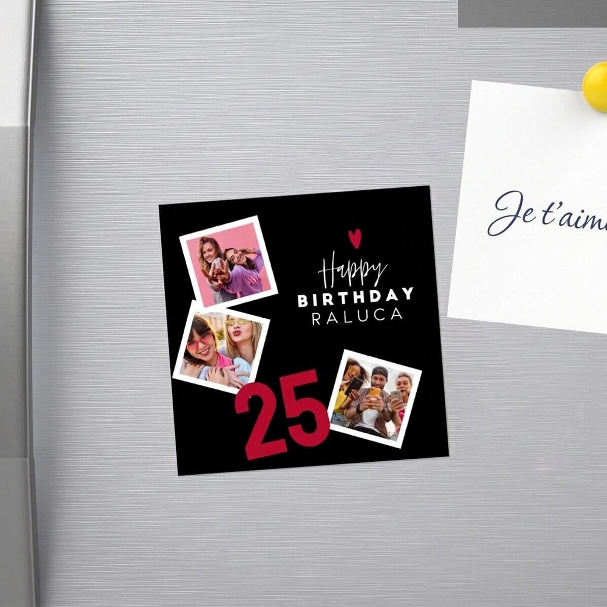 Aimant 10 x 10 personnalisé avec 3 photos et un texte - Joyeux anniversaire !