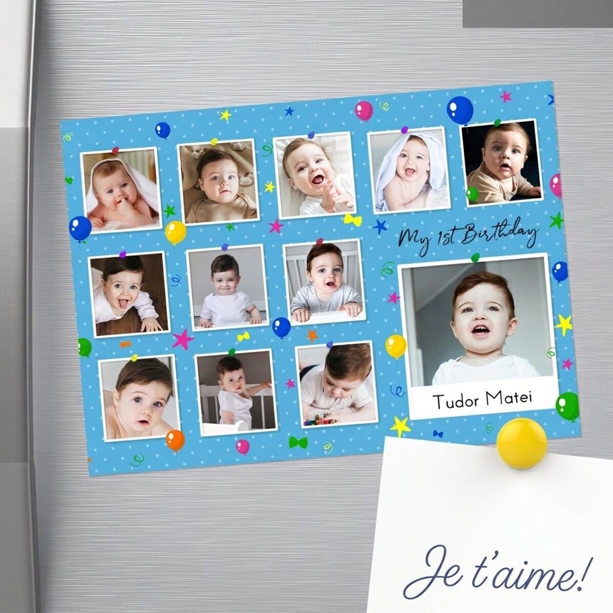 Aimant personnalisé 18 x 13 cm avec photos et texte - « My first birthday »