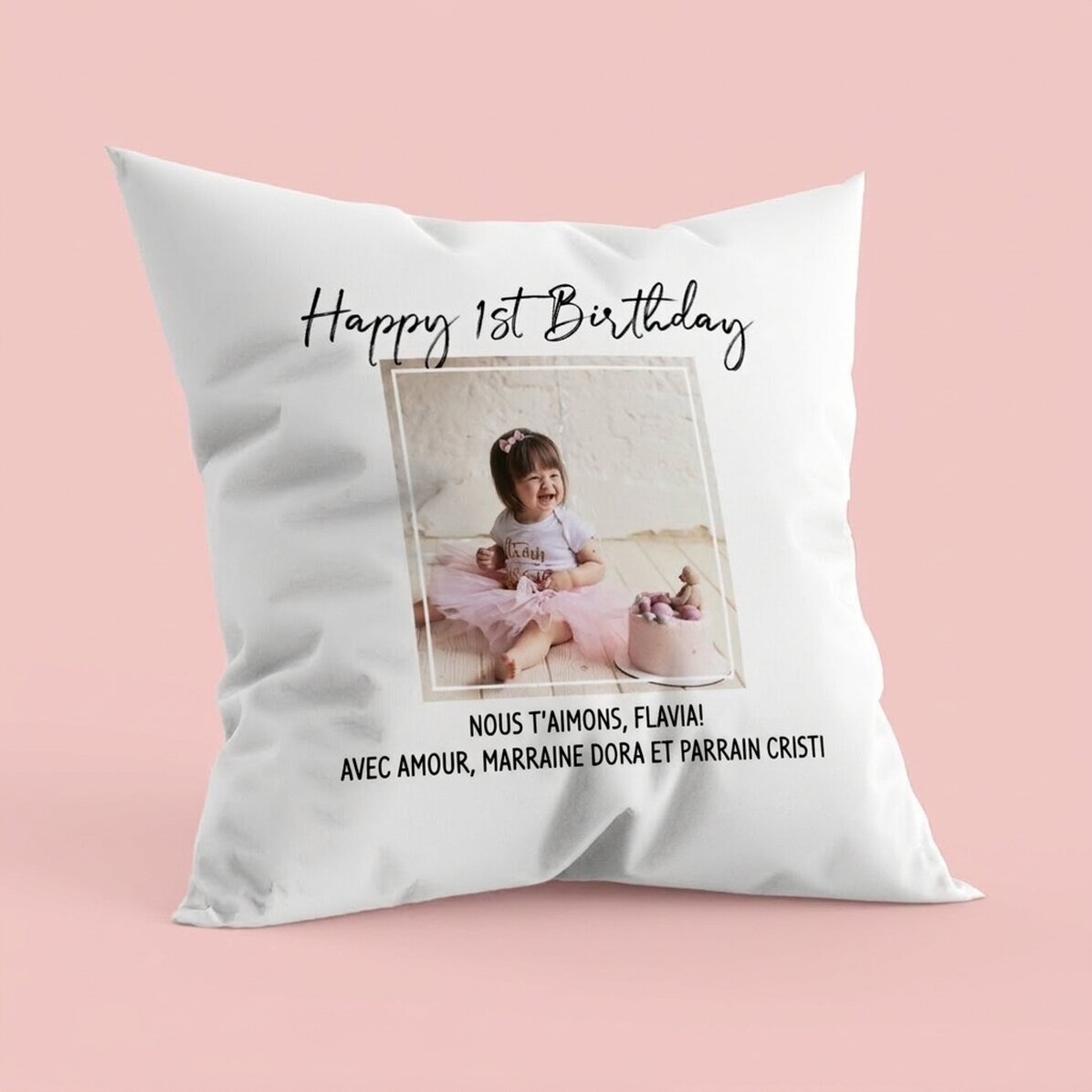 Oreiller personnalisé avec une photo et un texte - Joyeux anniversaire