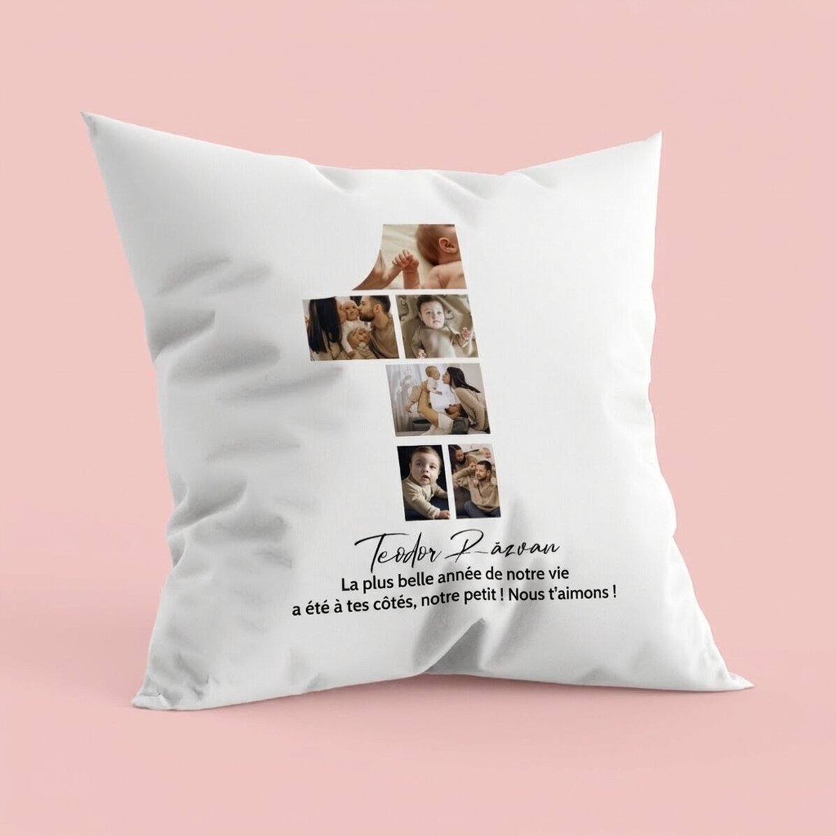 Coussin personnalisé avec photos et texte - 1er anniversaire