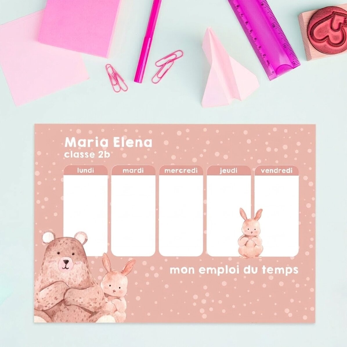 Emploi du temps personnalisé avec texte - Animaux mignons