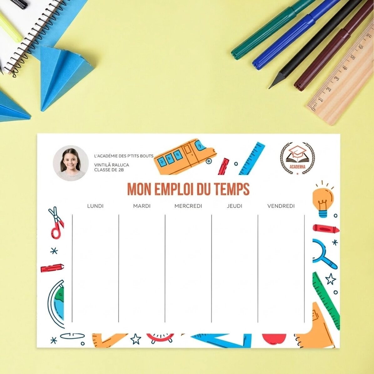 Emploi du temps personnalisé avec texte, photo et logo