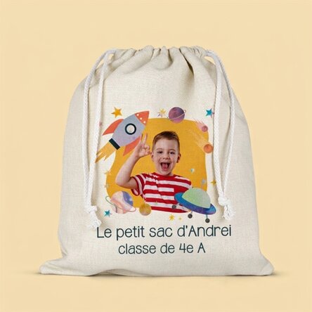 Sac de crèche personnalisé avec un texte et une photo - Fusée spatiale