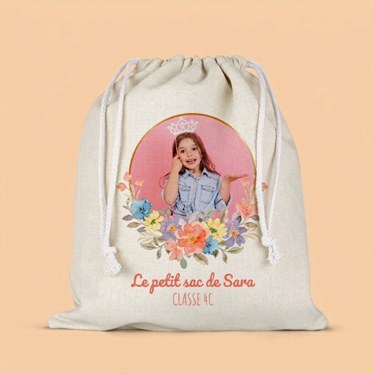 Sac pour la maternelle personnalisé avec un texte et une photo - Flowers