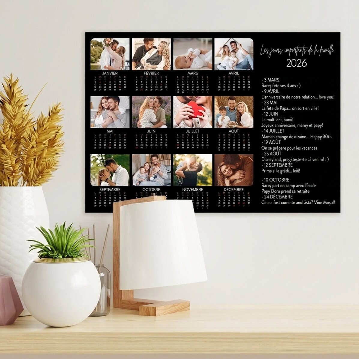 Affiche-calendrier personnalisée avec 12 photos et un texte - Jours spéciaux