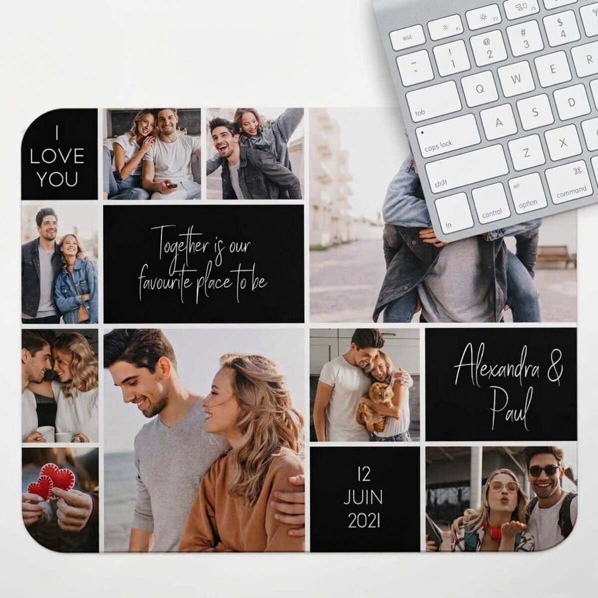 Tapis de souris XL personnalisé avec 9 photos et un texte - Memories