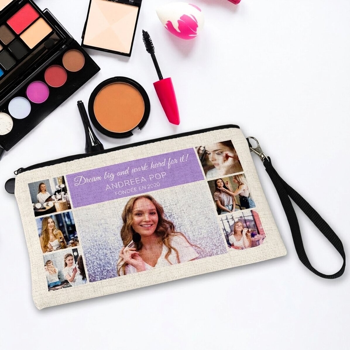 Trousse de maquillage personnalisée avec 7 photos et un texte