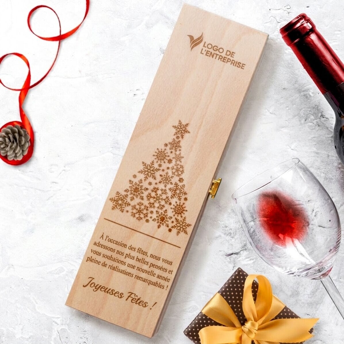 Caisse de vin personnalisée avec logo et message - Joyeux Noël !