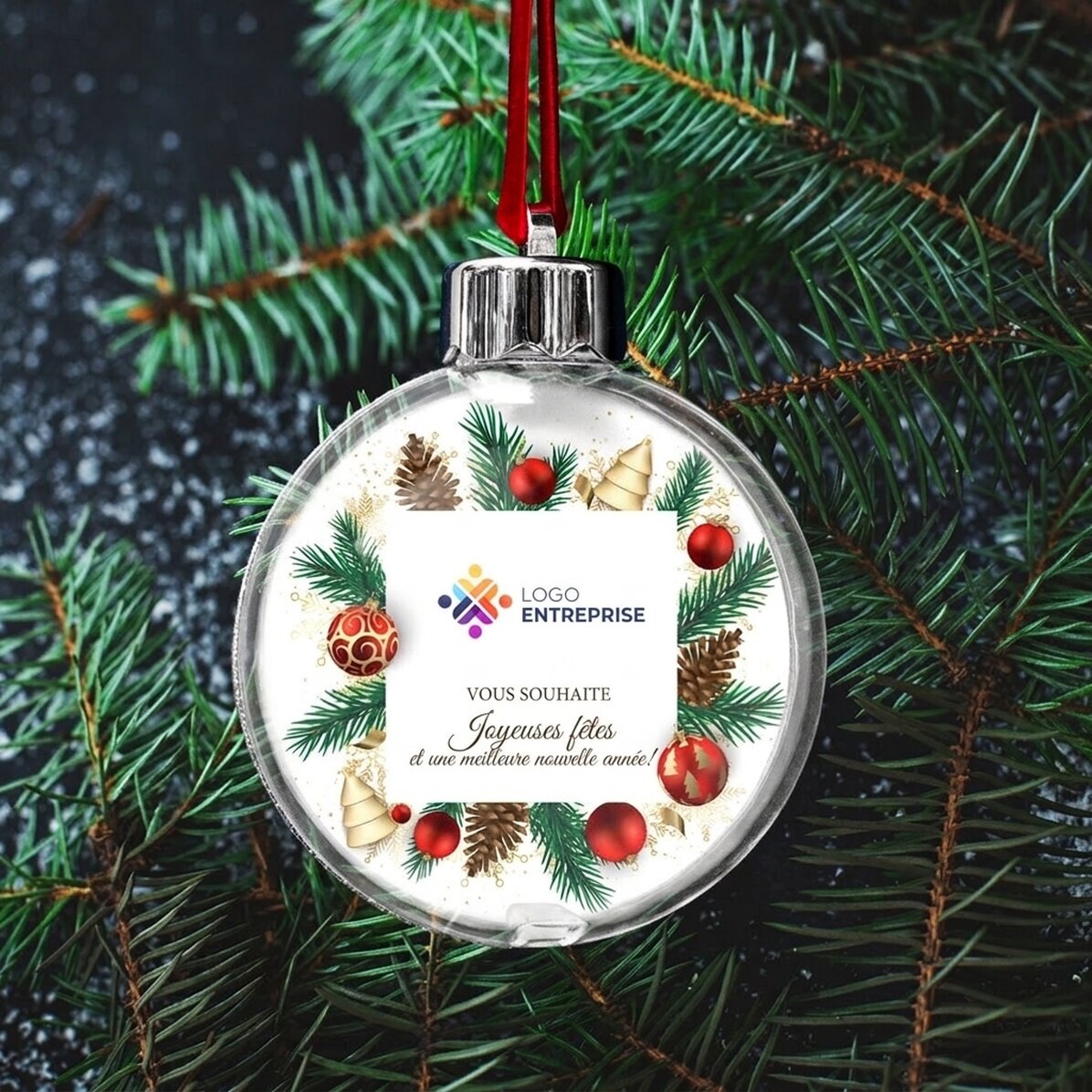 Boule de Noël personnalisée avec logo et message - Modèle de Noël