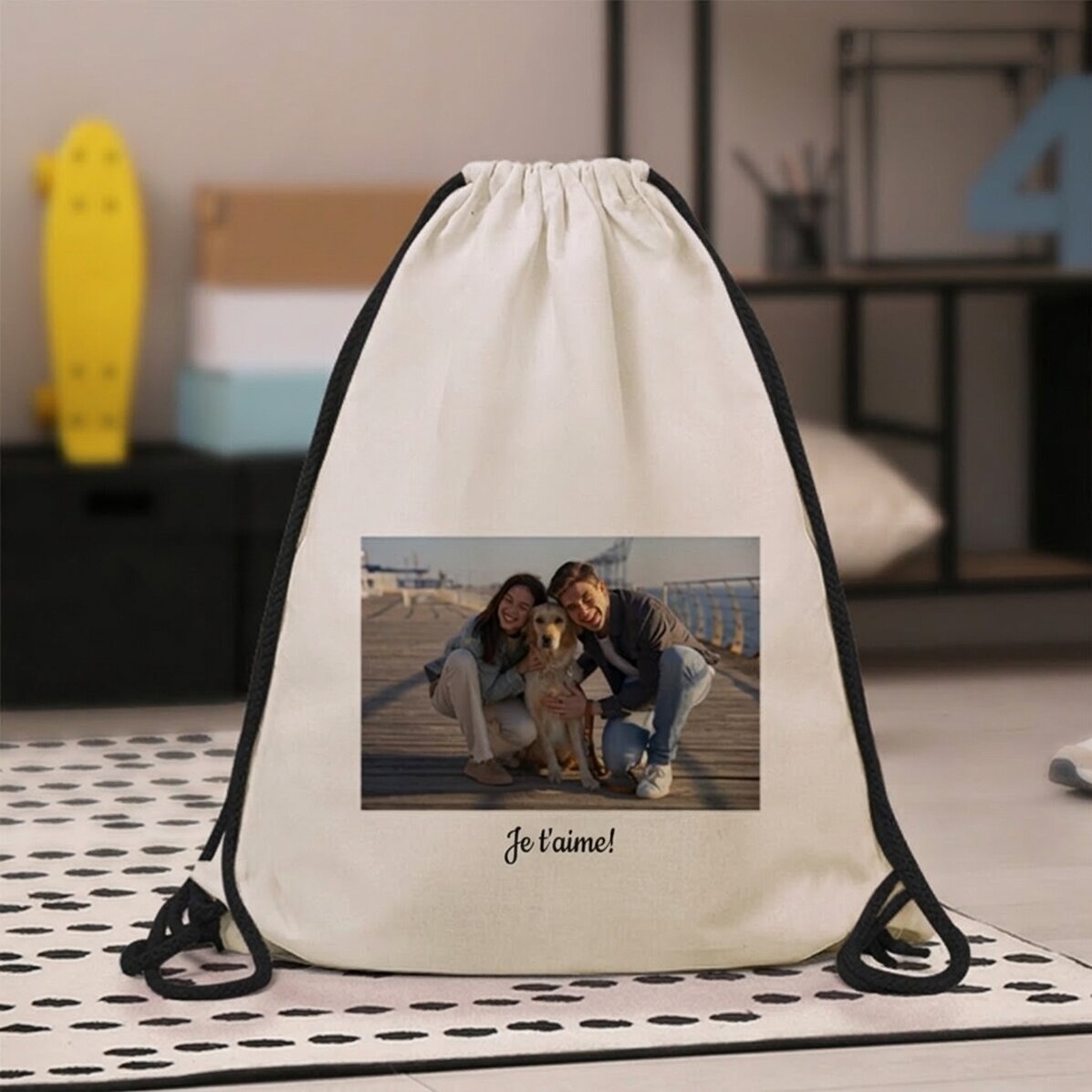 Sac à dos personnalisé avec une photo en mode paysage et un texte
