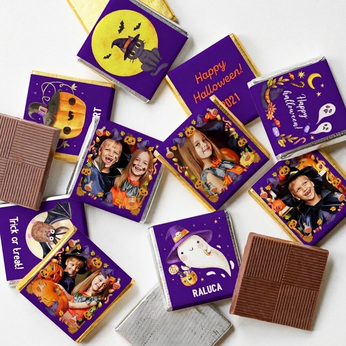 Lot de 10 mini-chocolats personnalisés avec photos et texte - Halloween