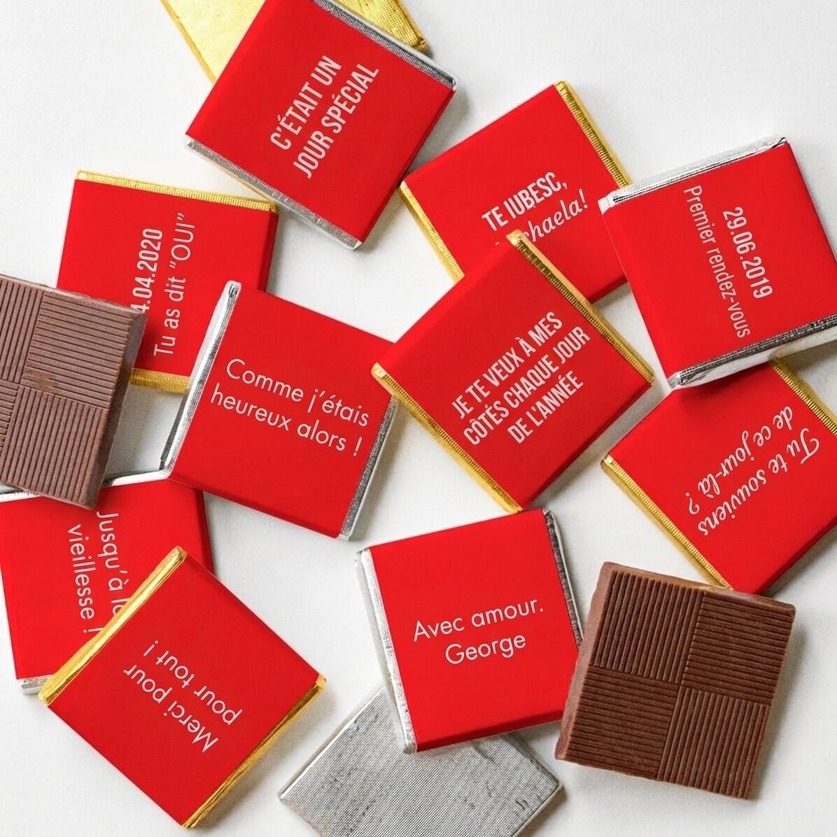 Lot de 10 mini-chocolats personnalisés avec un message