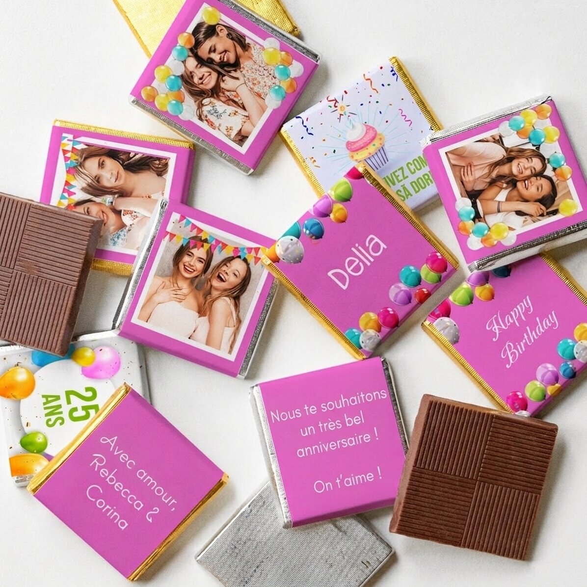 Lot de 10 mini-chocolats personnalisés avec photos et texte - Joyeux anniversaire