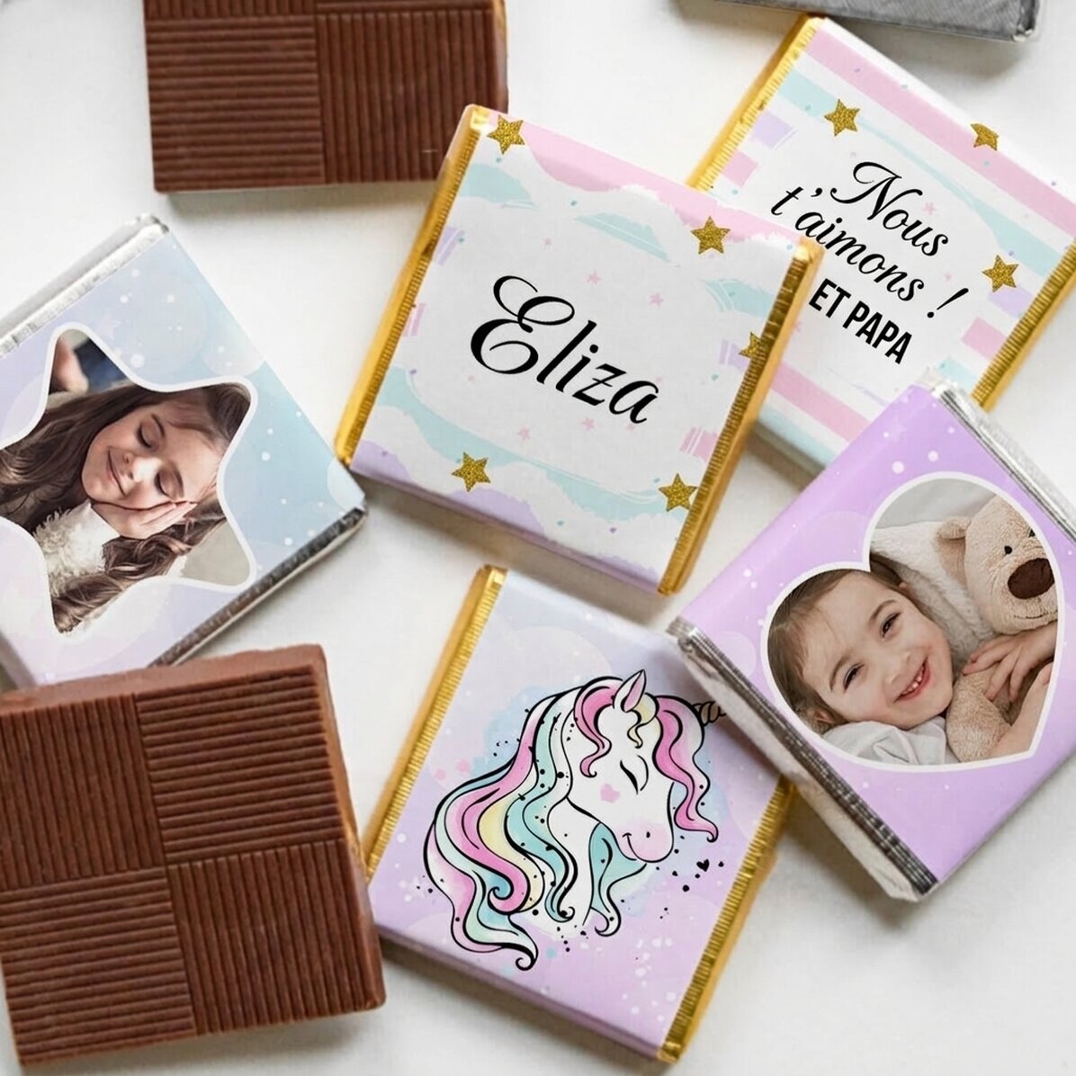 Lot de 5 mini-chocolats personnalisés avec photos et texte - Licorne